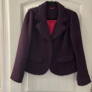 Boden; tweed, boucle fitted jacket; eggplant color with vibrant pink lining;